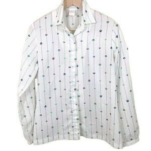 Vintage Jantzen Shirt Womens Medium White Button Up Shell Print Blouse Preppy